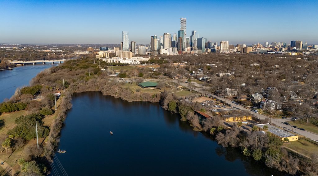 Lady Bird Lake in East Austin with downtown Austin’s skyline rising beyond